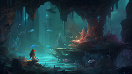 Underwater scene with a girl in the cave. Vector illustration.の素材