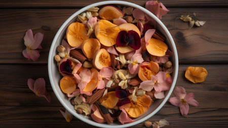 Dried apricots and flowers in a bowl on a wooden backgroundの素材