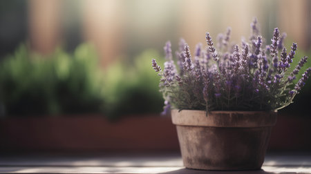 Lavender flowers in a wooden pot on the windowsill.の素材