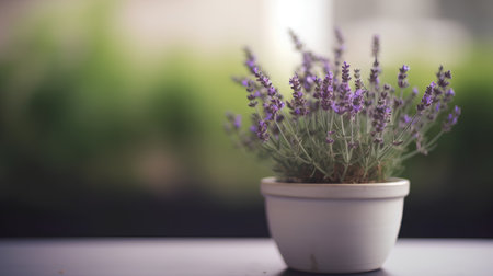 Lavender flowers in a pot on a wooden table. Selective focus.の素材