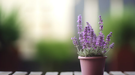 Lavender flowers in a pot on a wooden table, blurred backgroundの素材