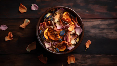 Dried orange and rose petals in wooden bowl on dark wooden backgroundの素材