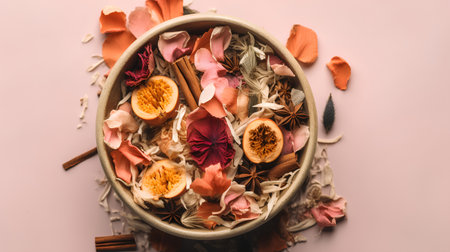 Herbal tea with dried flowers in bowl on pink background, top viewの素材