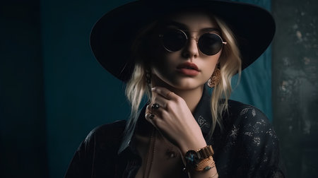 Portrait of beautiful young woman in hat and sunglasses on dark backgroundの素材