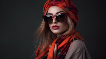 Portrait of a beautiful woman in sunglasses and scarf on dark backgroundの素材