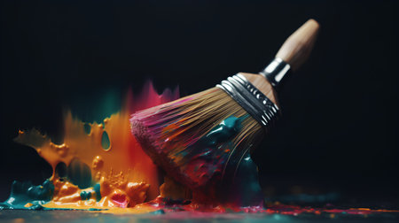Paint brushes and colorful paint splashes on black background with copy spaceの素材