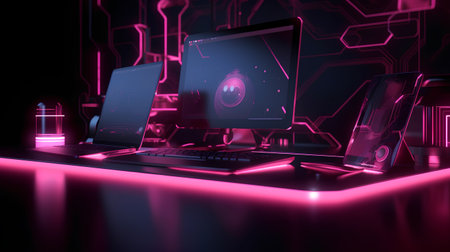 Laptop, tablet and phone in neon light. 3d renderingの素材