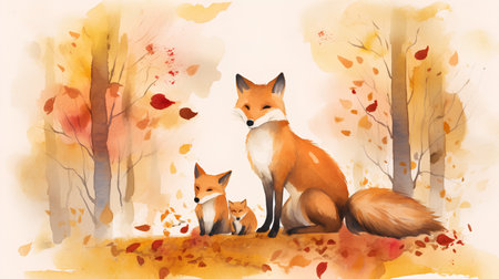 Watercolor illustration of a fox family in autumn forest. Watercolor illustration.の素材