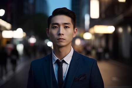Portrait of a handsome asian man in the city at nightの素材