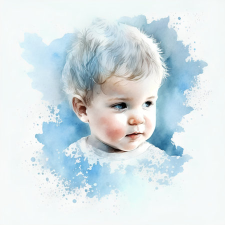 Portrait of a baby boy with blue watercolor background. Digital painting.の素材