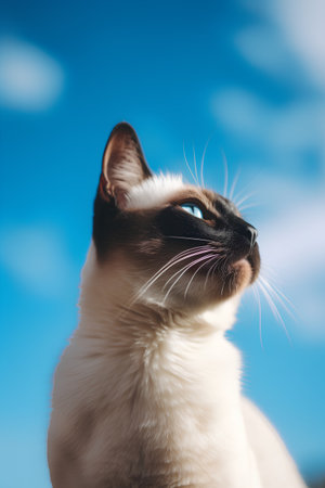 Siamese cat with blue sky and clouds in the background.の素材