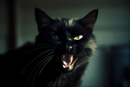 Closeup portrait of a black cat with open mouth on blurred backgroundの素材