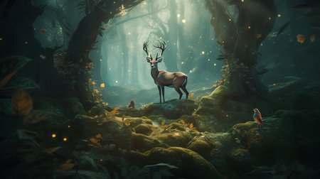Deer in the forest. 3D render. Fantasy illustration.の素材