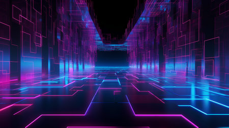 Futuristic dark corridor with glowing neon lights. 3d renderingの素材