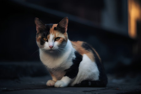 Tricolor cat sitting on the street. Selective focus.の素材