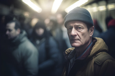Portrait of a senior man in a subway station. Selective focus.の素材