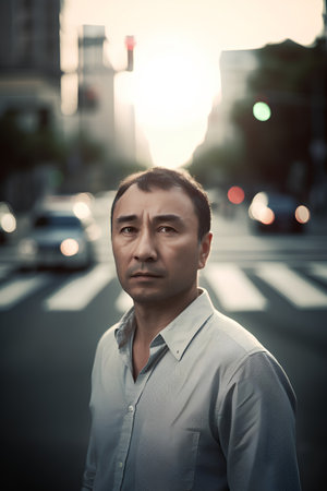 Portrait of Asian man looking at camera in the city at sunsetの素材