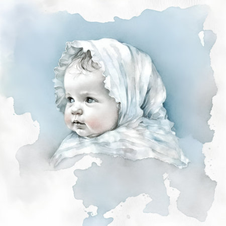 Watercolor portrait of a newborn baby in a blue shawlの素材