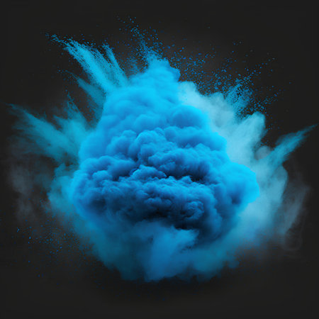 Blue powder explosion isolated on black background. Abstract colored cloud. 3d renderingの素材