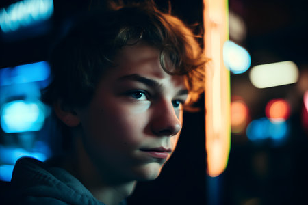 Portrait of a handsome young man in the city at night.の素材