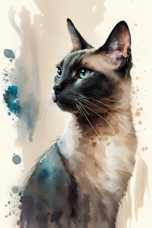 Watercolor portrait of a siamese cat with blue eyes.の素材