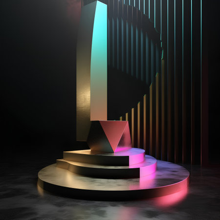 Abstract scene with geometric shapes and podium. 3d render illustration.の素材