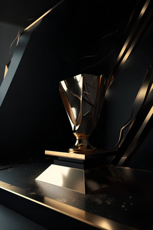 3d render of golden trophy on black background. Award concept.の素材