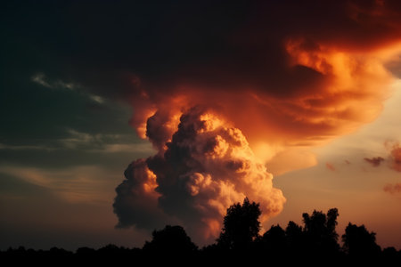 Big explosion in the sky with trees at sunset. Nature background.の素材
