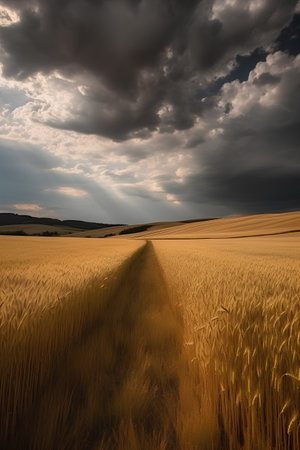 Sunset over wheat field with path and stormy clouds in the skyの素材