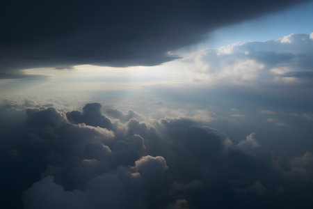 Cloudscape above the sea at sunset as seen through window of an aircraftの素材