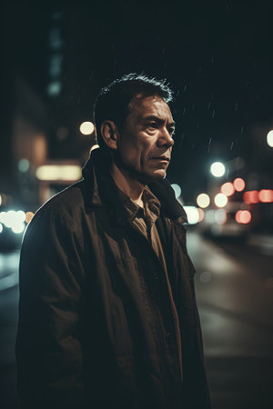 Portrait of a senior man standing in the rain at night.の素材