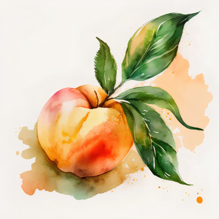 Watercolor peach with leaf on watercolor background. Vector illustration.の素材