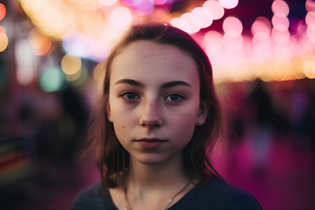 Portrait of a young beautiful girl on the background of the night cityの素材