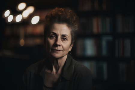 Portrait of a senior woman in the library. Selective focus.の素材