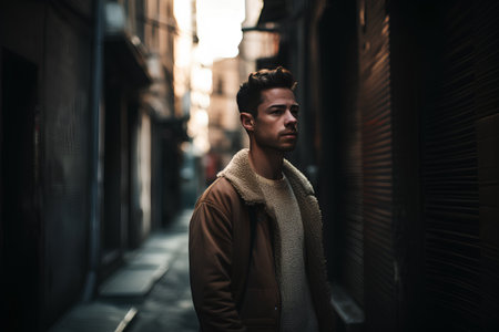 Young handsome man with short hair, wearing brown coat and scarf, standing on the street in the old city.の素材