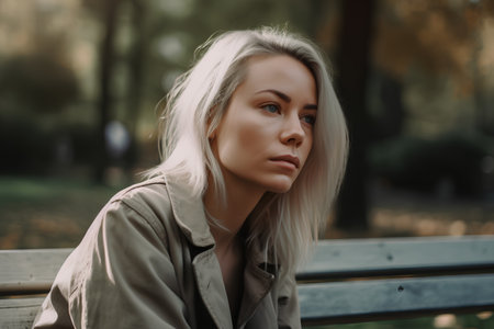 Portrait of a beautiful blonde girl in a beige coat on a park bench.の素材