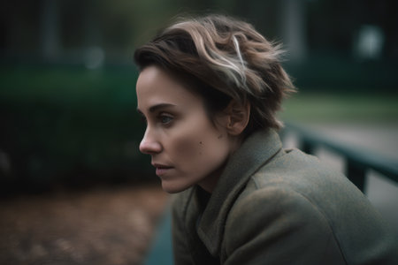 Portrait of a beautiful young woman with short hair in the cityの素材