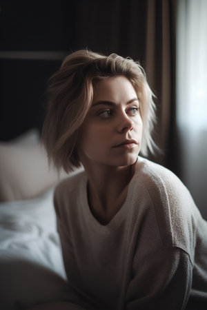 Portrait of a beautiful young woman sitting in bed at home.の素材