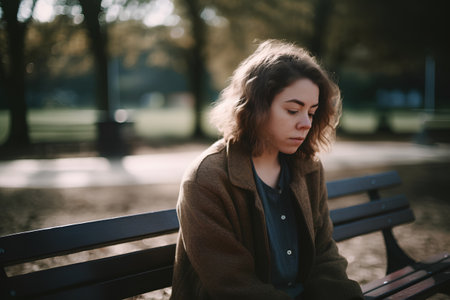 Portrait of a sad young woman sitting on a bench in the parkの素材