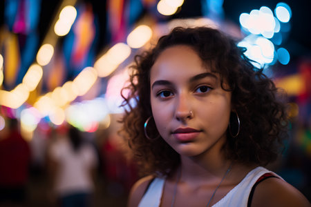 Portrait of a beautiful girl with curly hair in the city at nightの素材
