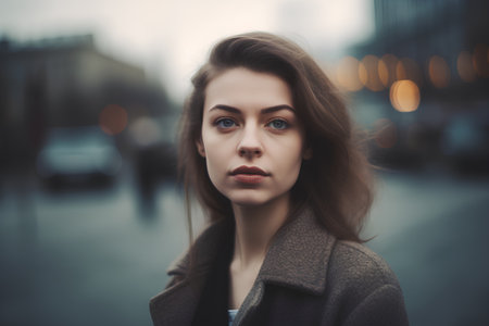 Portrait of a beautiful young woman in a coat in the cityの素材