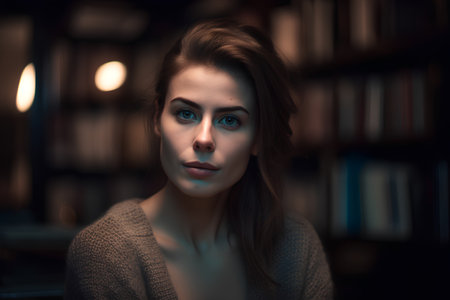 Portrait of a beautiful young woman in a library at night.の素材