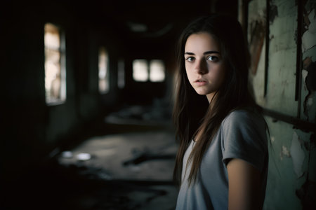 Beautiful young woman in a dark abandoned building. Selective focus.の素材