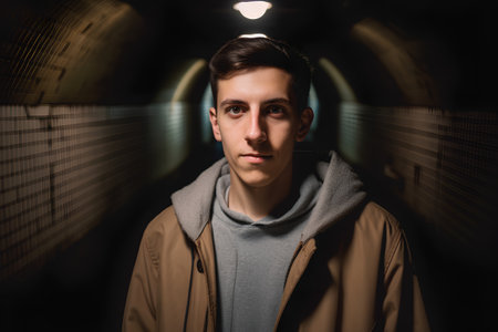 Portrait of a young man in a tunnel looking at the cameraの素材
