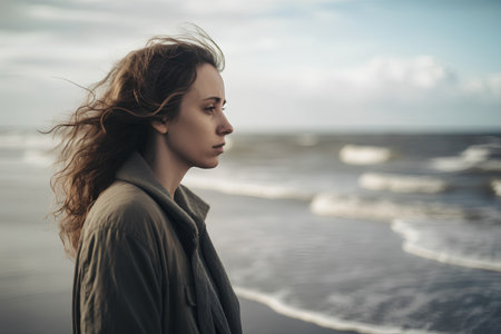 Portrait of a beautiful young woman with windy hair on the beachの素材