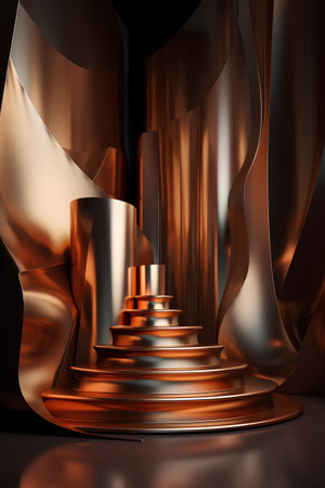 Golden podium with golden curtains on black background. 3d render illustrationの素材