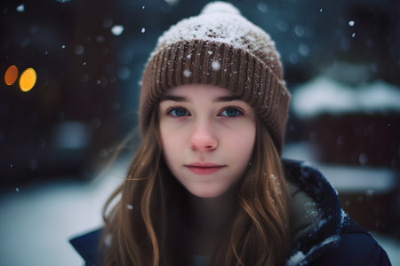 Beautiful young woman in winter hat and coat with snow on her faceの素材