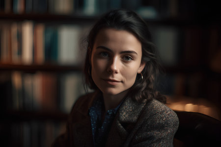Portrait of a beautiful young brunette woman in a coat sitting in a library.の素材