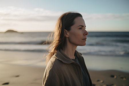 Portrait of a young beautiful woman on the beach at sunset.の素材