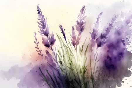 Watercolor lavender flowers on watercolor background. Hand drawn illustrationの素材